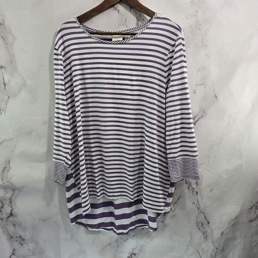 Chicos T Shirt Women XL 3 Purple White Striped Tee Basic Long Sleeve Tunic